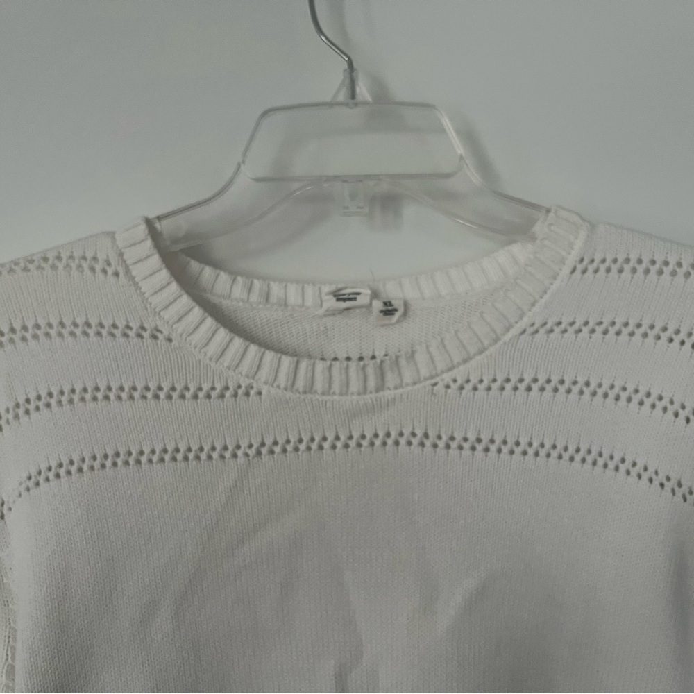 Textured White Crew Neck Sweater with Open Knit Design